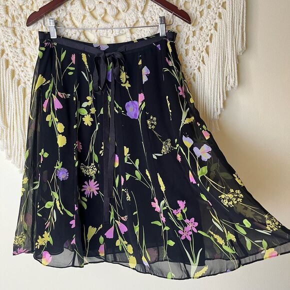 Vintage 90s Y2K A-Line Mini Skirt 100% Silk Black Spring Floral A-line 10 - Picture 5 of 8